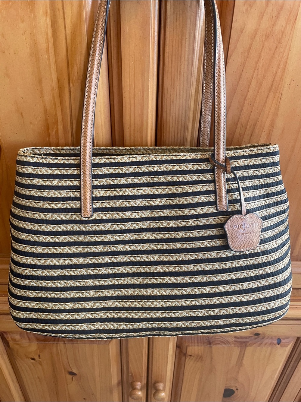 Eric Javits Black & Natural Striped Straw Tote with Leather Trim
